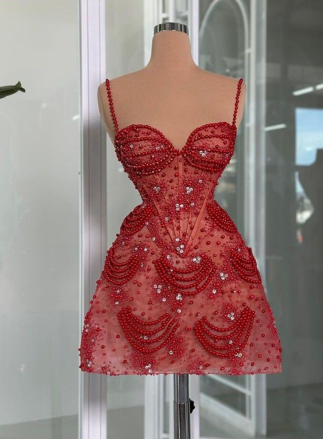 Gorgeous Spaghetti Straps Red Sweetheart Neck Tulle Beaded A-Line Graduation Homecoming Dress Short Prom Dress - FashionDia