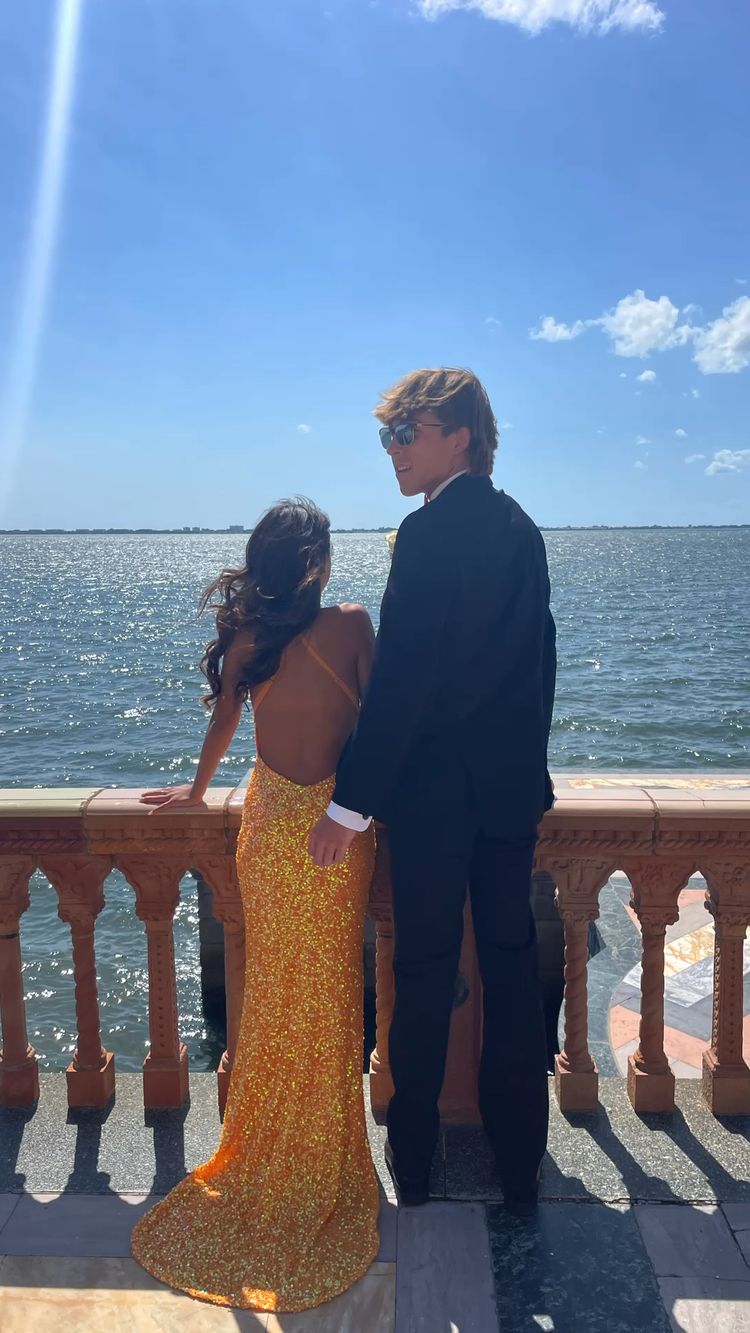 Orange Sequins Mermaid Prom Dress Elegant Prom Dress - View 2 | FashionDia