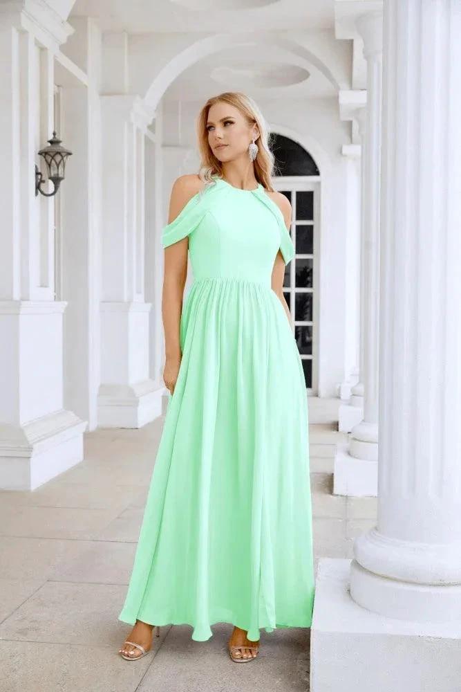 Ladies Chiffon Off Shoulder Swing Sleeve Front Slit Bridesmaid Evening Dress Wedding Party Evening Dress 28117 by numbersea