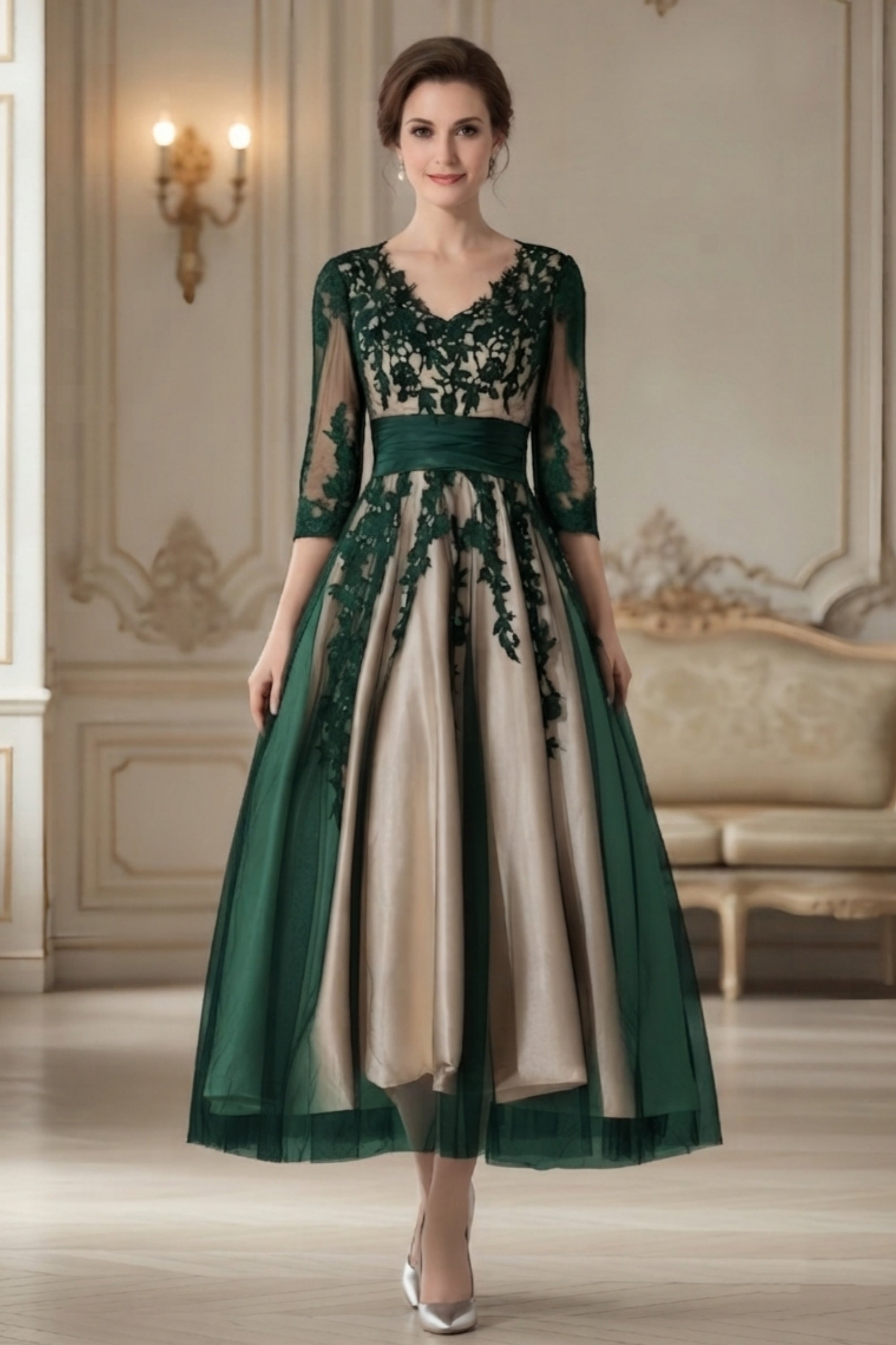 Elegant Floral Lace Applique Midi Dress with Sheer Sleeves