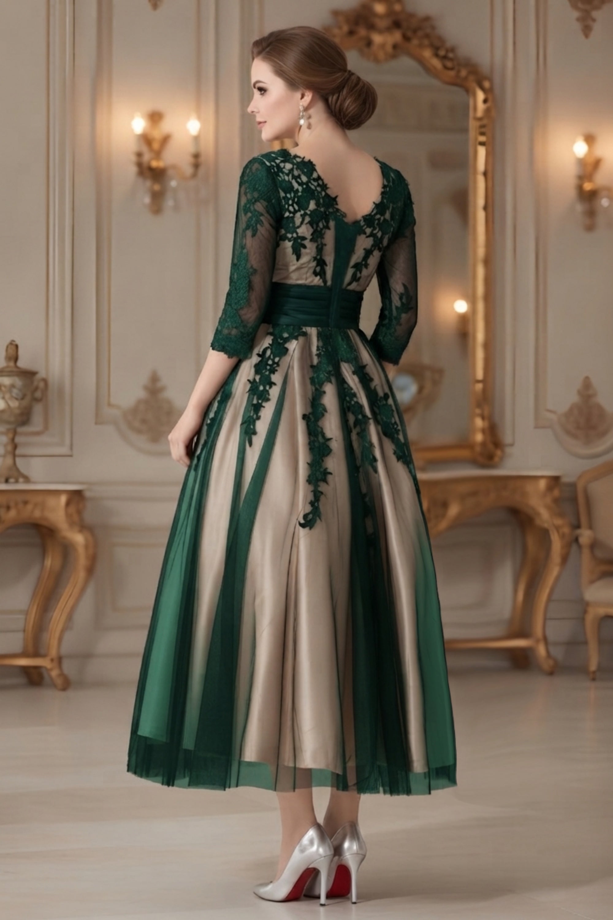 Elegant Floral Lace Applique Midi Dress with Sheer Sleeves