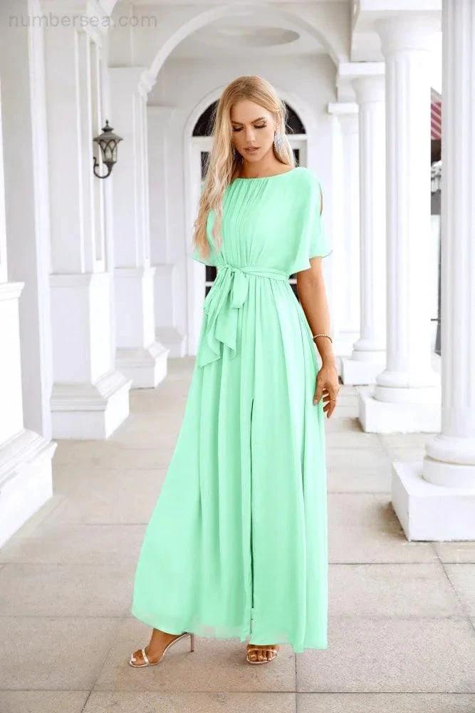 Ladies Chiffon Sleeve Crew Neck Front Slit Floor Length Bridesmaid Evening Dress Wedding Party Evening Dress 28124 (ZD17007)
