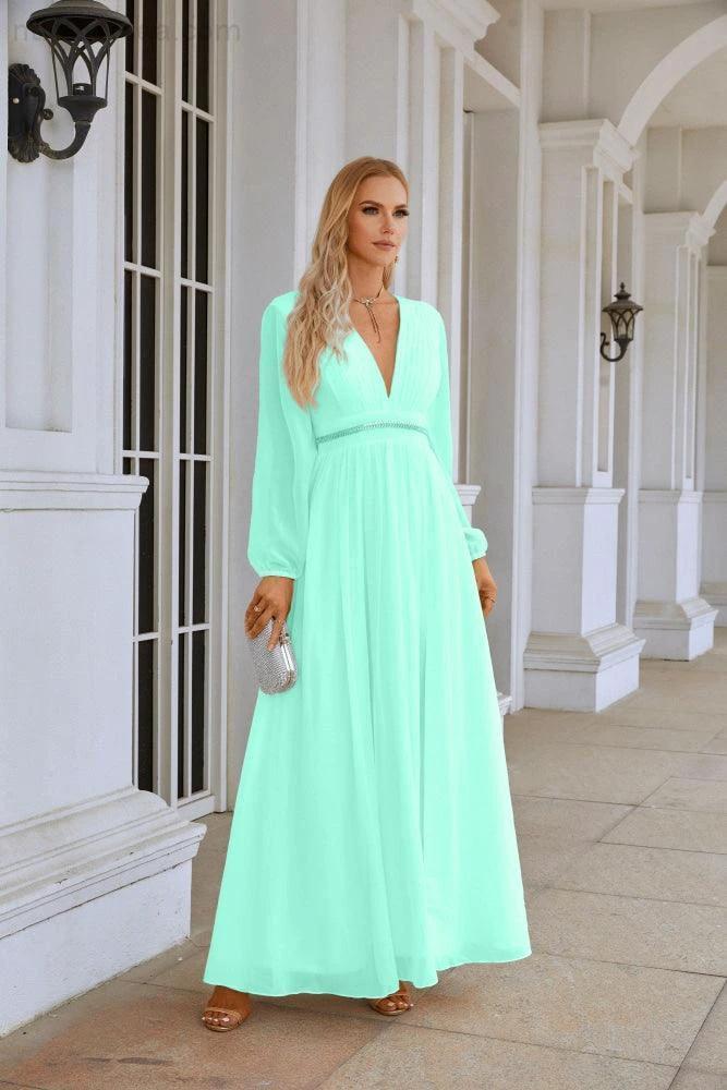 Ladies V Neck Chiffon Long Sleeve Front Slit Bridesmaid Evening Dress Wedding Party Shopping Evening Dress 28109 (ZD16991)