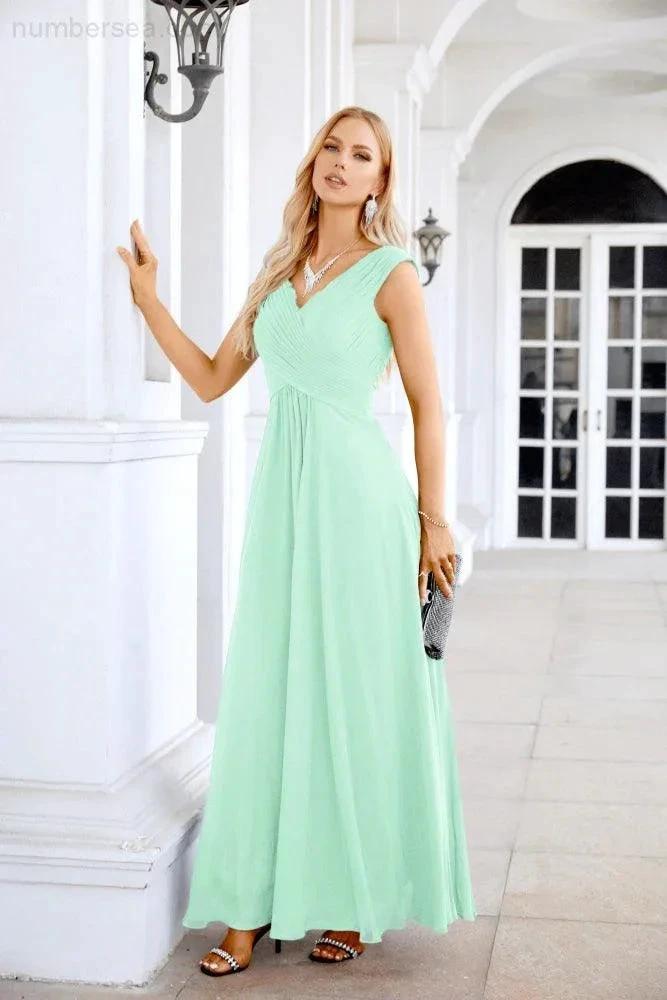 Ladies Chiffon V Neck Sleeveless Floor Length Bridesmaid Evening Dress Wedding Party Evening Dress 28126 (ZD16989)