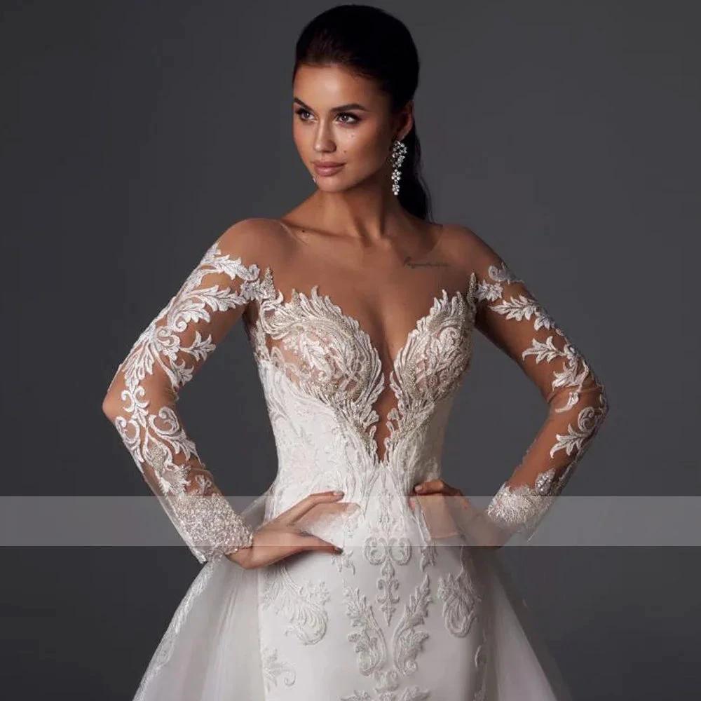 Loverxu Mermaid Vintage Wedding Dresses 2023 Sweetheart Long Sleeve Vestido De Novia Appliques Detachable Train Robe De Mariee (ZD13371)