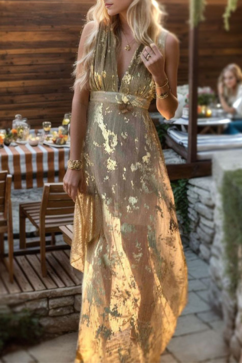 Sexy Bronzing Patchwork V Neck Evening Dresses - VelvetHem