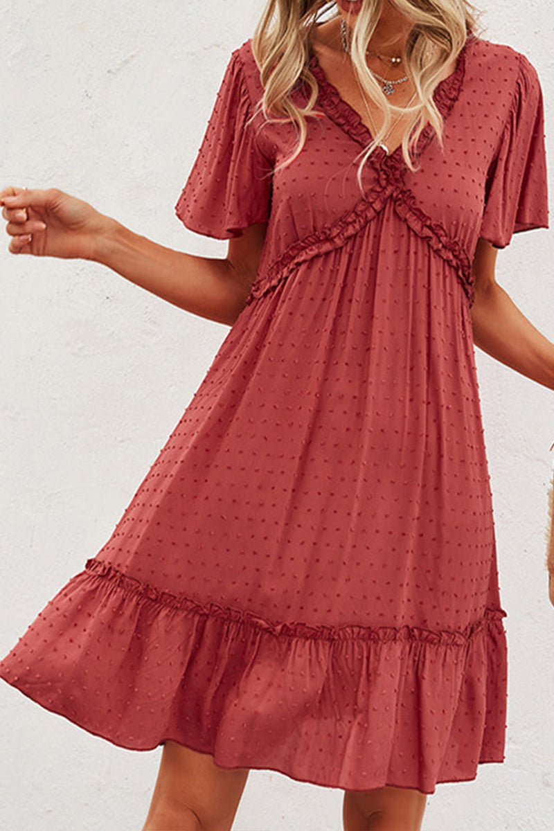 Solid color V Neck High Waist Casual Dress - Fashionpara