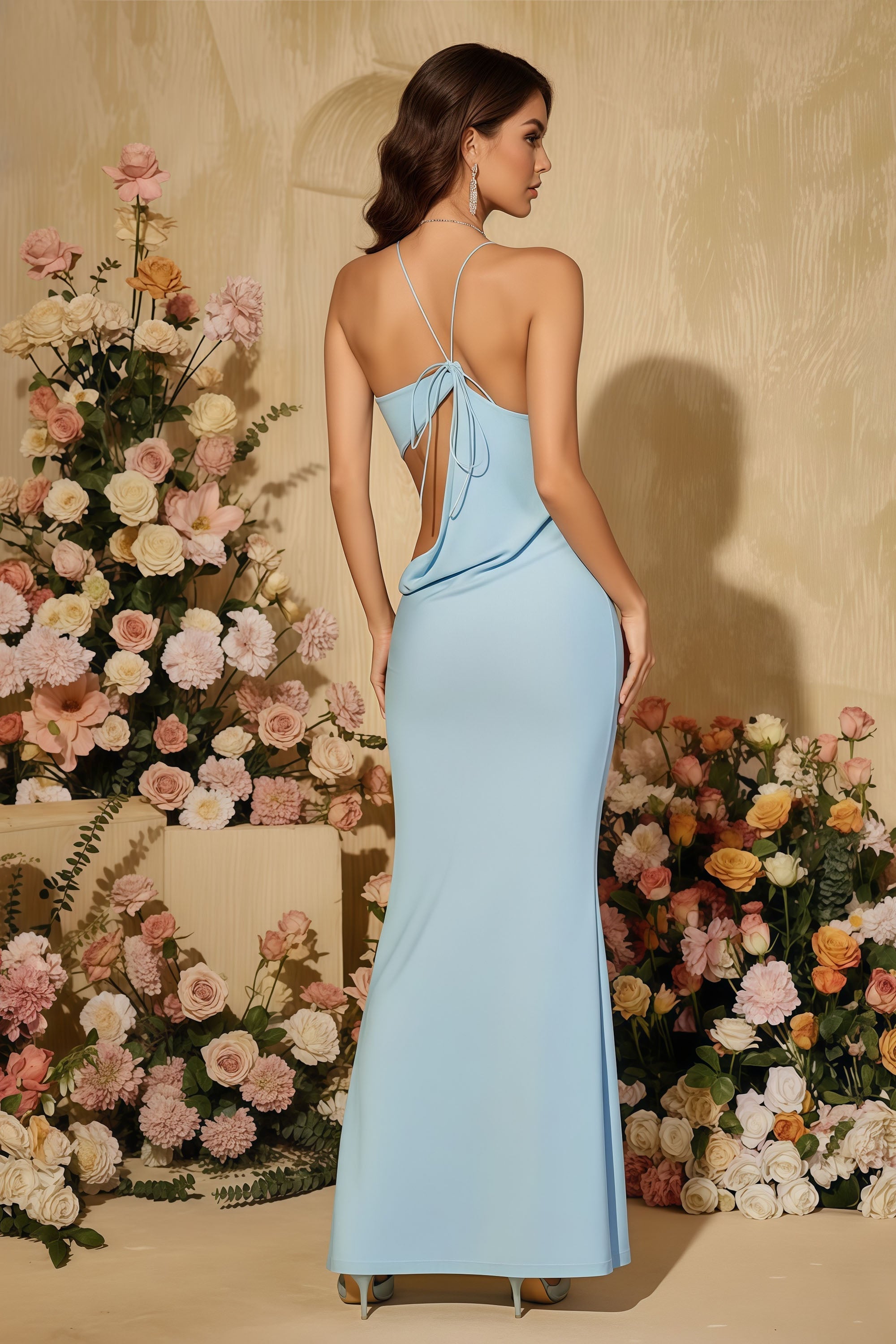 Elegant Halter Neck Asymmetrical Cutout Floor-Length Gown