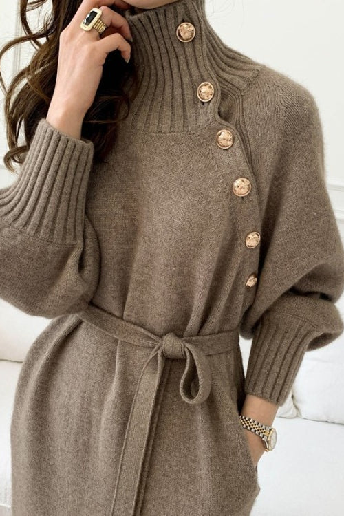 Tie Waist Knit Turtleneck Long Sweater Dress - View 2 | VelvetHem