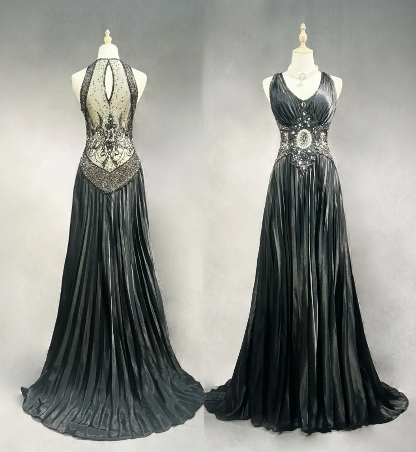 Stylish V-Neck Satin Beaded Mermaid Evening Dress Long Wedding Guest Dress Prom Dress - FashionDia