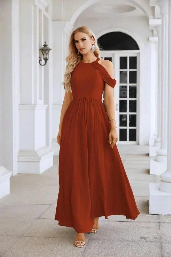 Ladies Chiffon Off Shoulder Swing Sleeve Front Slit Bridesmaid Evening Dress Wedding Party Evening Dress 28117 by numbersea