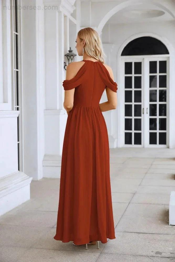Ladies Chiffon Off Shoulder Swing Sleeve Front Slit Bridesmaid Evening Dress Wedding Party Evening Dress 28117 (ZD17011)