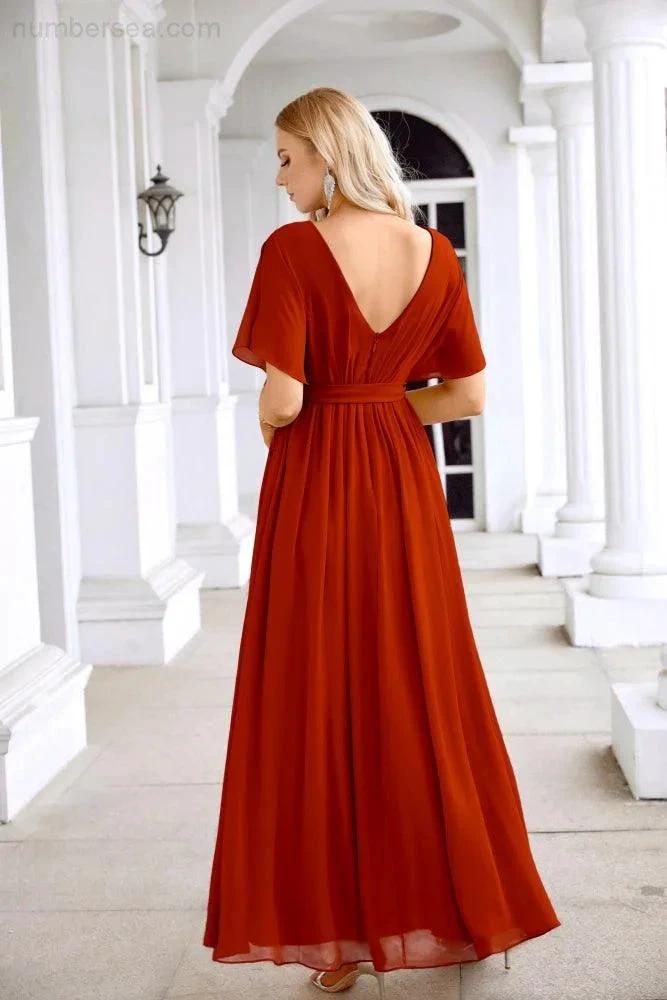 Ladies Chiffon Sleeve Crew Neck Front Slit Floor Length Bridesmaid Evening Dress Wedding Party Evening Dress 28124 (ZD17007)