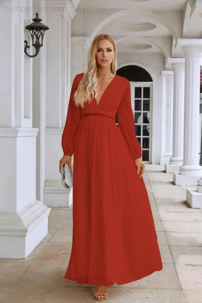 Ladies V Neck Chiffon Long Sleeve Front Slit Bridesmaid Evening Dress Wedding Party Shopping Evening Dress 28109 (ZD16991)