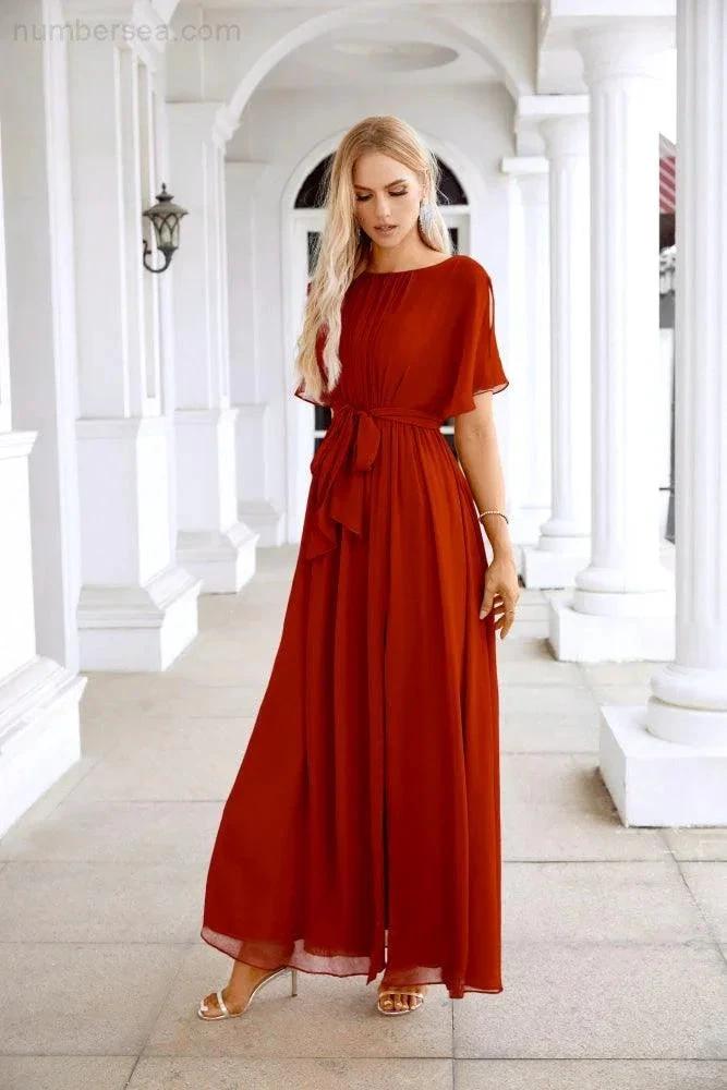 Ladies Chiffon Sleeve Crew Neck Front Slit Floor Length Bridesmaid Evening Dress Wedding Party Evening Dress 28124 (ZD17007)