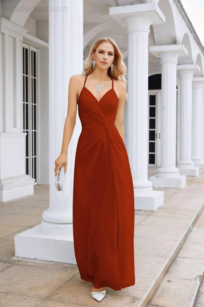 Ladies Chiffon Spaghetti Strap V Neck Front Slit Floor Length Bridesmaid Evening Dress Prom Party Wedding Evening Dress 28116 (ZD17012)