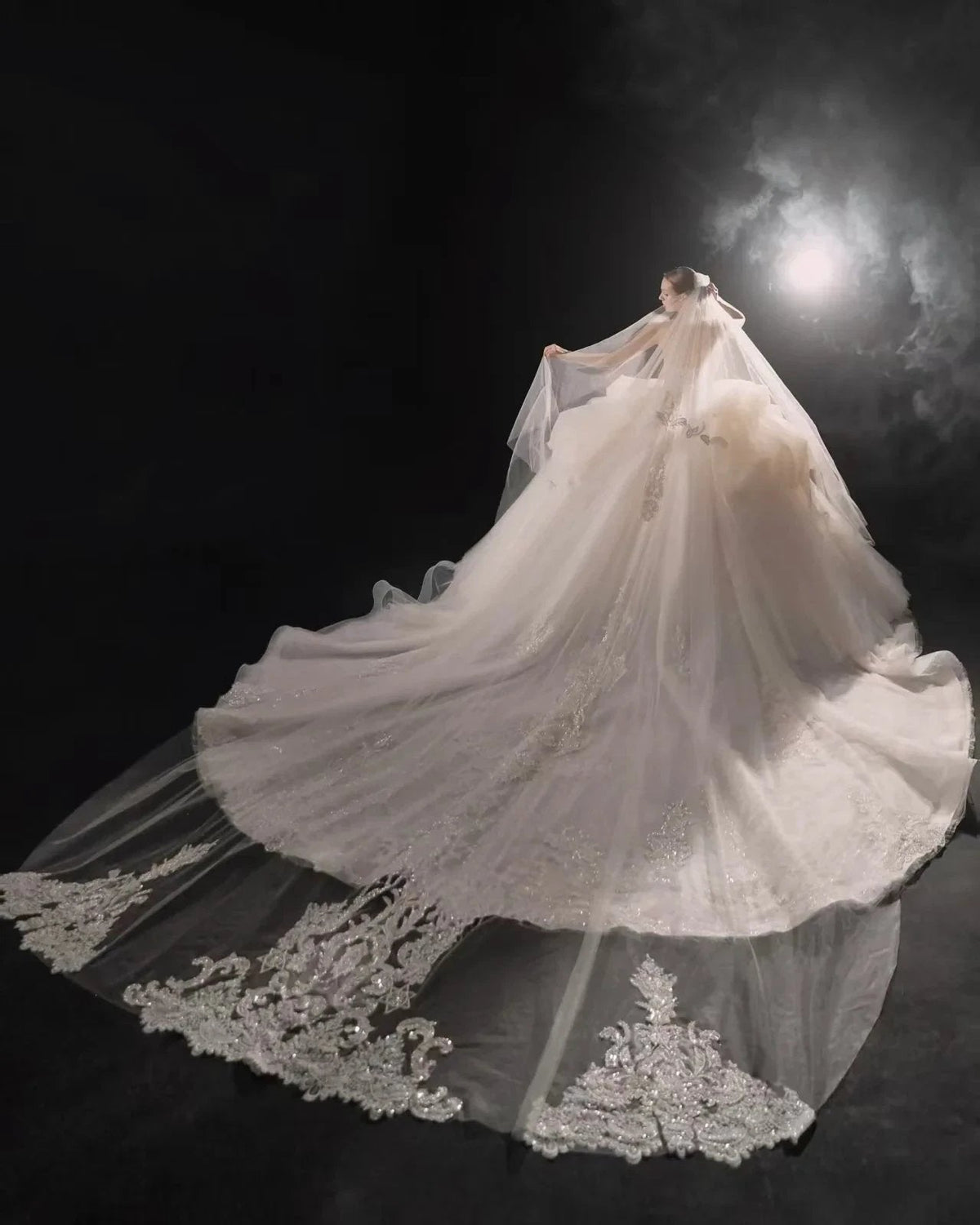 Opulent High-Neck Ball Gown Beaded Mesh Capelet Ruffled Skirt Wedding Dress with Sparkling Train (ZD16907)