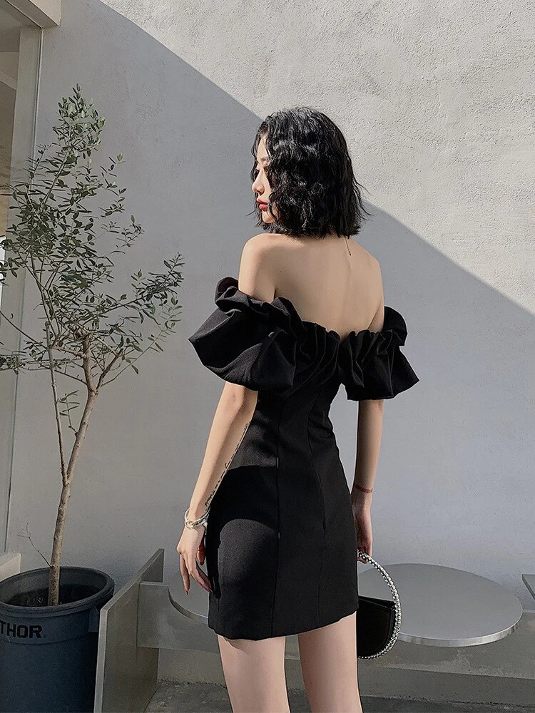 Black White Women Short Dress Pretty Mini Party Dress Ruffules Neckline Homecoming Dress - View 3 | FashionDia