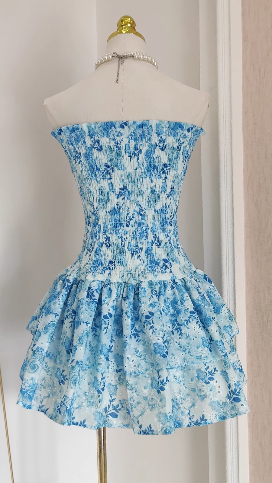 Cute A-Line Strapless Sleeveless Blue Floral Party Dress Short Birthday Outfits - View 2 | FashionDia