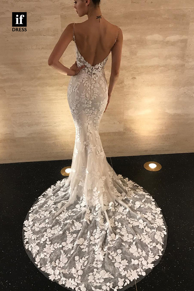 31580 - Sexy Spaghetti Straps V-Neck Lace Appliques Wedding Dress