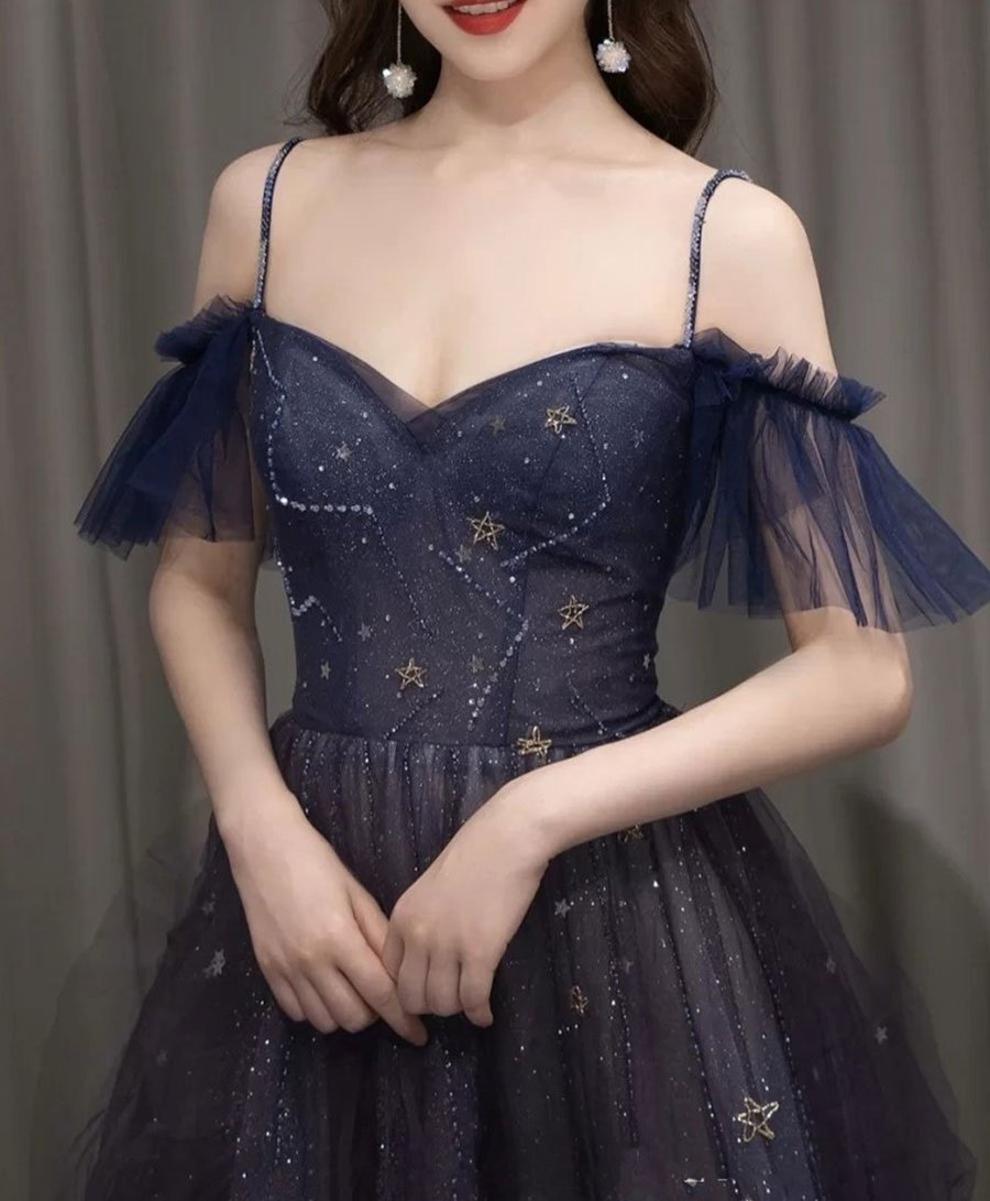 Dark starry sky purple tulle long prom dress purple evening dress BD19