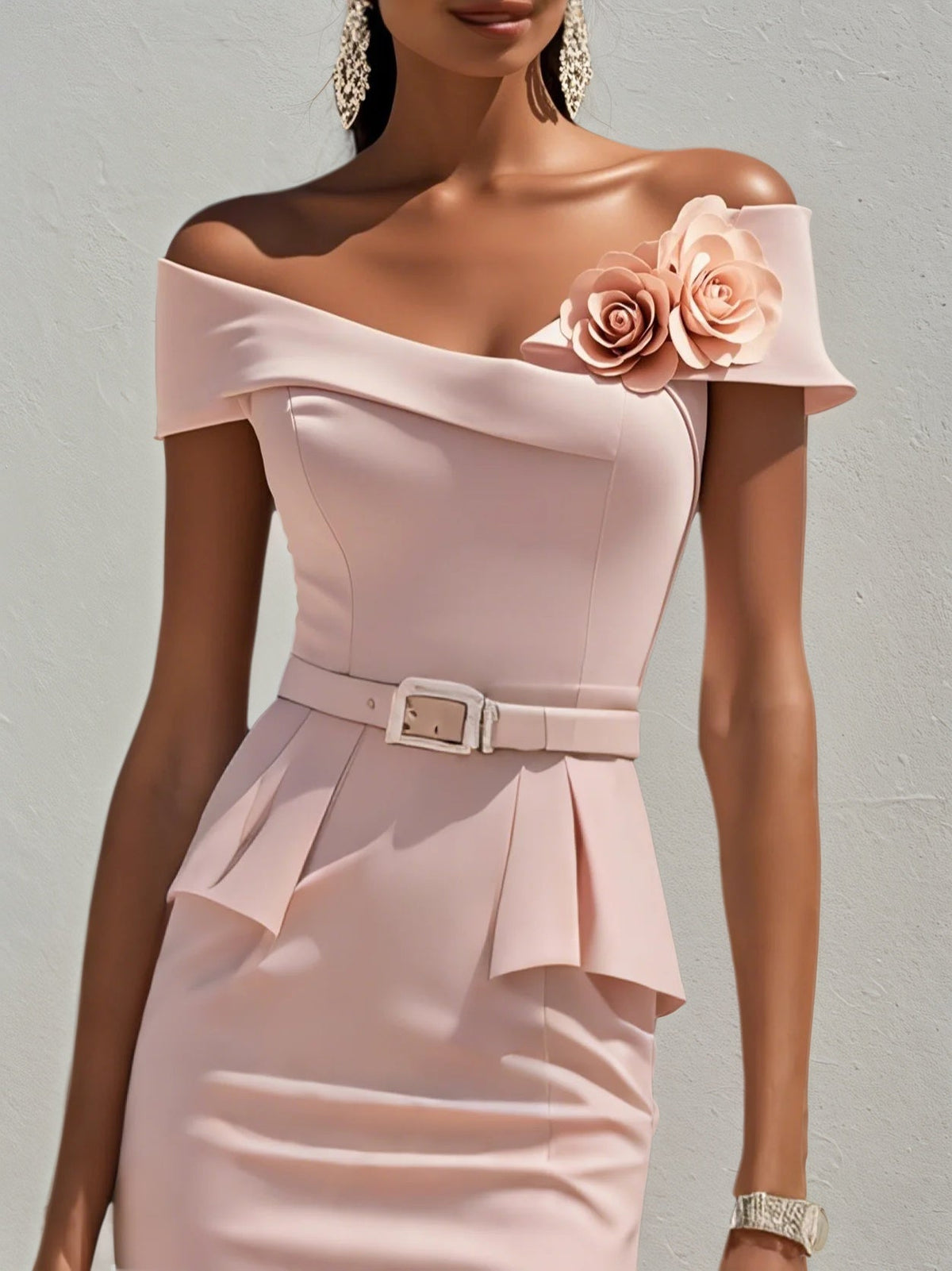 Pink 3D Floral V-Neck Short Sleeve Sheath Midi Dress - View 2 | FashionDia