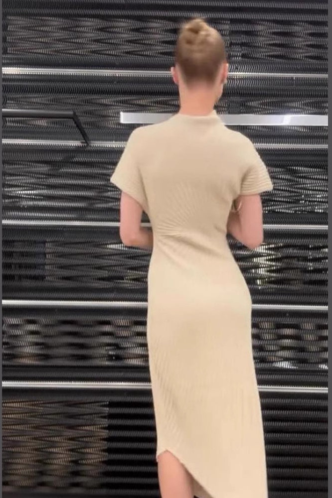 Solid Ribbed Pleated Slit Slim Elegant Sweater Dress - View 2 | VelvetHem