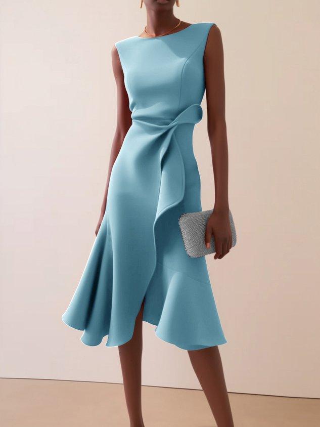 Red Sleeveless Midi Elegant A-line Dress with Waist Twist for Day-to-Night