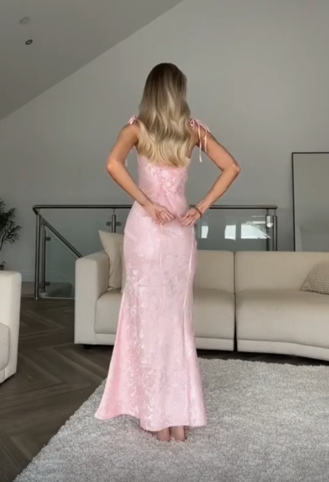 Pretty Straps Floral Print Prom Evening Gown Pink Mermaid Party Dress - View 3 | FashionDia