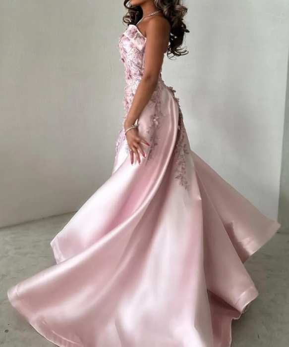 Pretty Pink Strapless Satin Appliques Beaded Formal Prom Dress,Long A-Line Party Evening Gown - View 2 | FashionDia