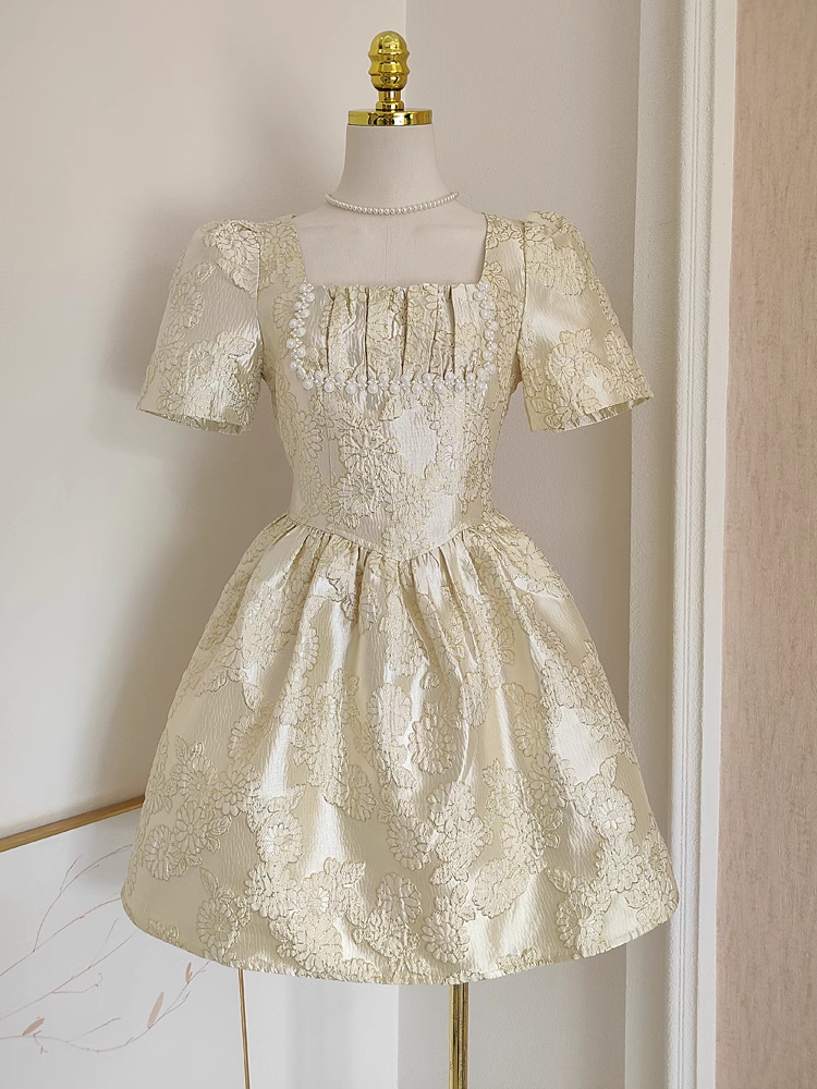 Cute A-Line Short Sleeves Satin Gold Floral Cocktail Dress Short Birthday Outfits - FashionDia