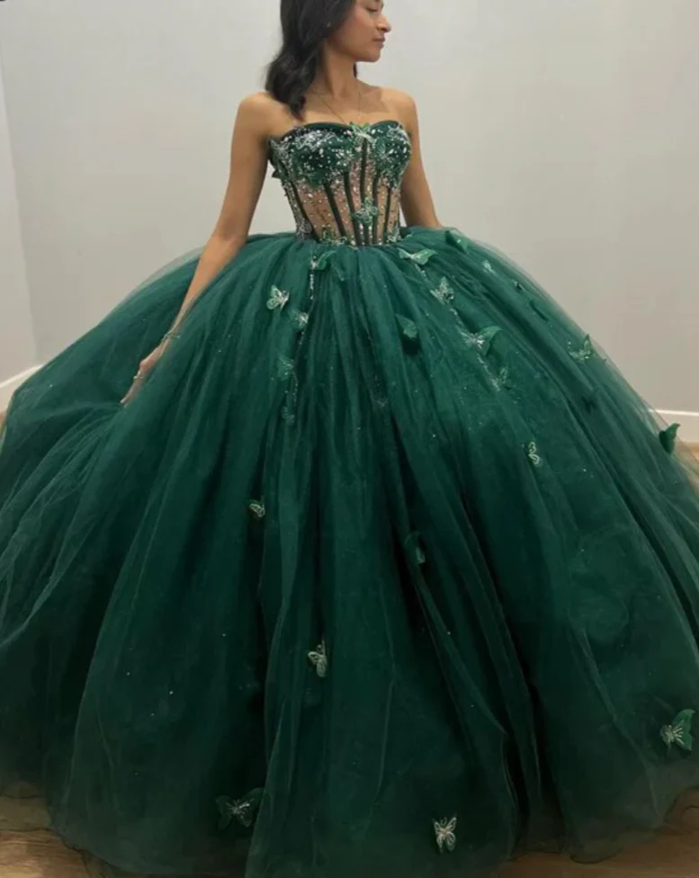 Green Tulle Ball Gown With Butterflies,Sweet 16 Dress, Green Quinceanera Dress Y2344 - View 3 | VelvetHem