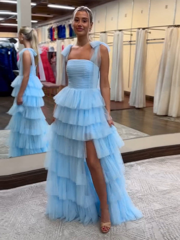 Blue A-Line Spaghetti Straps Tulle Tiered Long Prom Dress with Slit