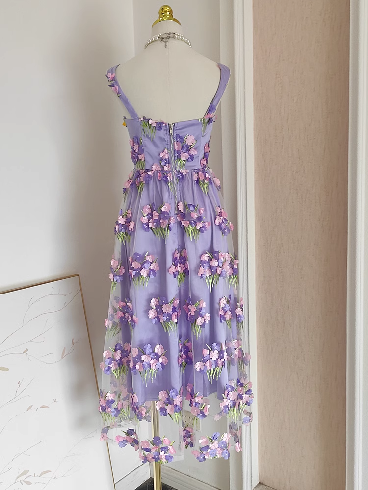 Cute A-Line Straps Sleeveless Lilac Floral Party Dress Short Birthday Outfits - View 2 | FashionDia
