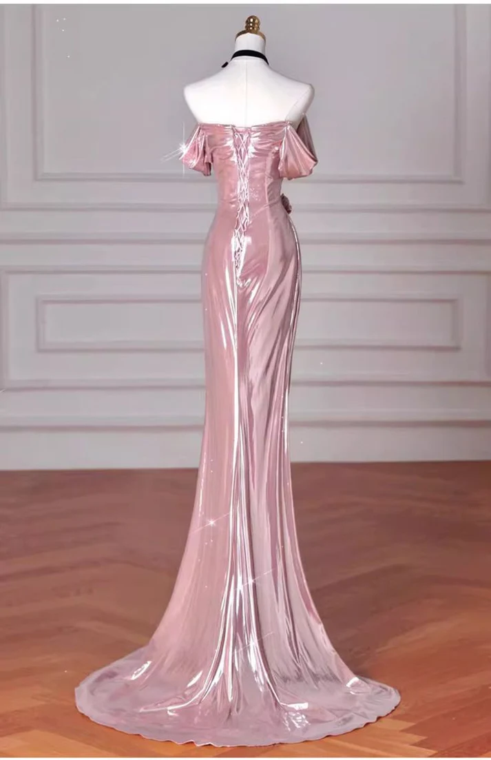 Elegant Mermaid Off Shoulder Long Prom Dress Pink Birthday Evening Dress Y8068 - View 3 | VelvetHem