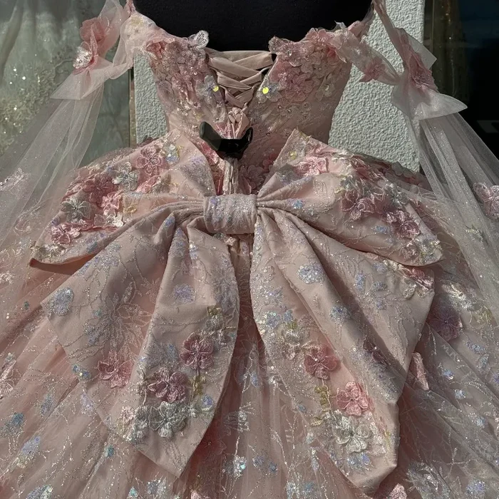 Pretty Pink Off-the-Shoulder Tulle Lace Appliques Quinceanera Dress Sweet 16 Dress With Bow - View 6 | FashionDia