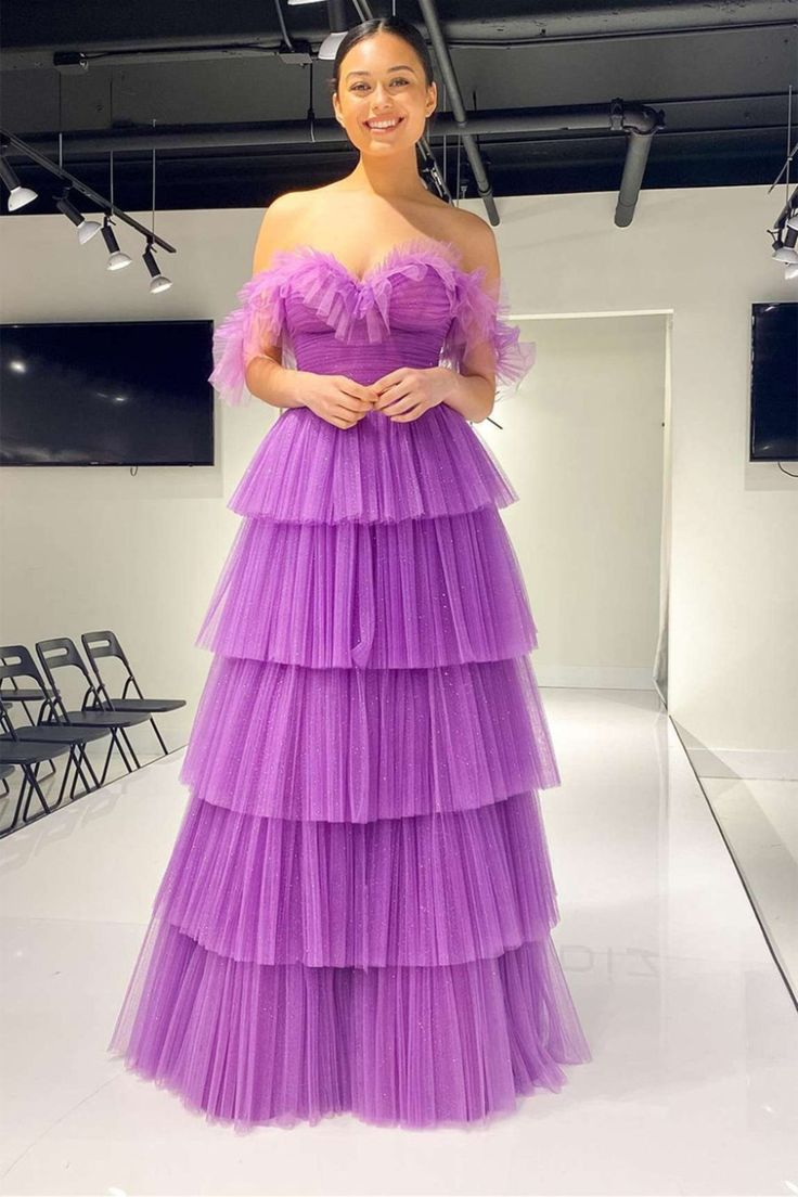 Elegant Off-the-Shoulder Layered Purple Tulle Long Prom Dress, Purple Formal Graduation Evening Dress - FashionDia