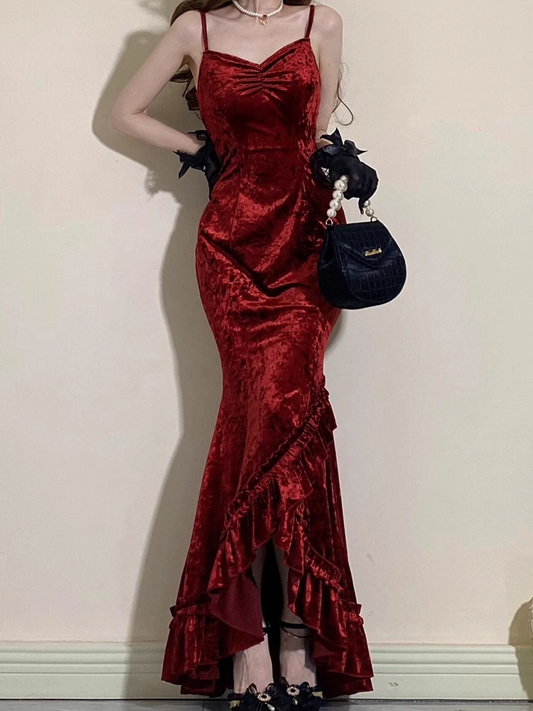Vintage Mermaid Irregular Ruffled Spaghetti Straps Women's Burgundy Birthday Outfits Party Dresses