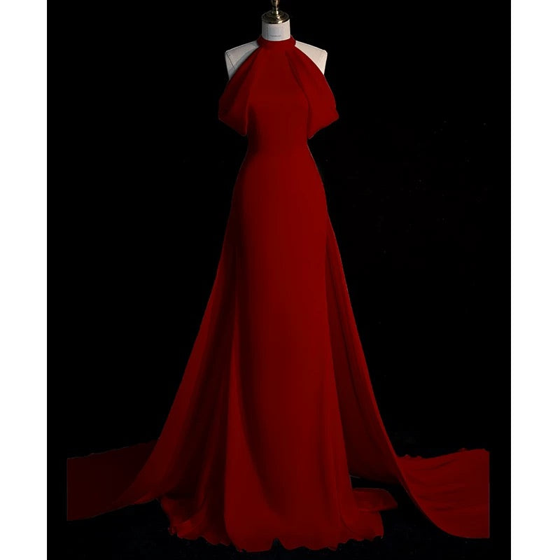 Sexy Sheath Halter Red Satin Long Prom & Evening Dress Formal Dress - View 4 | FashionDia