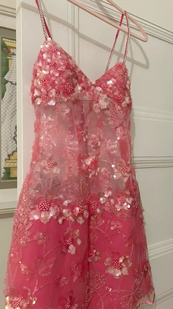Sparkly Spaghetti Straps Pink Sequin V Neck Sheath Cocktail Dress Sheath Short Graduation Homecoming Dress