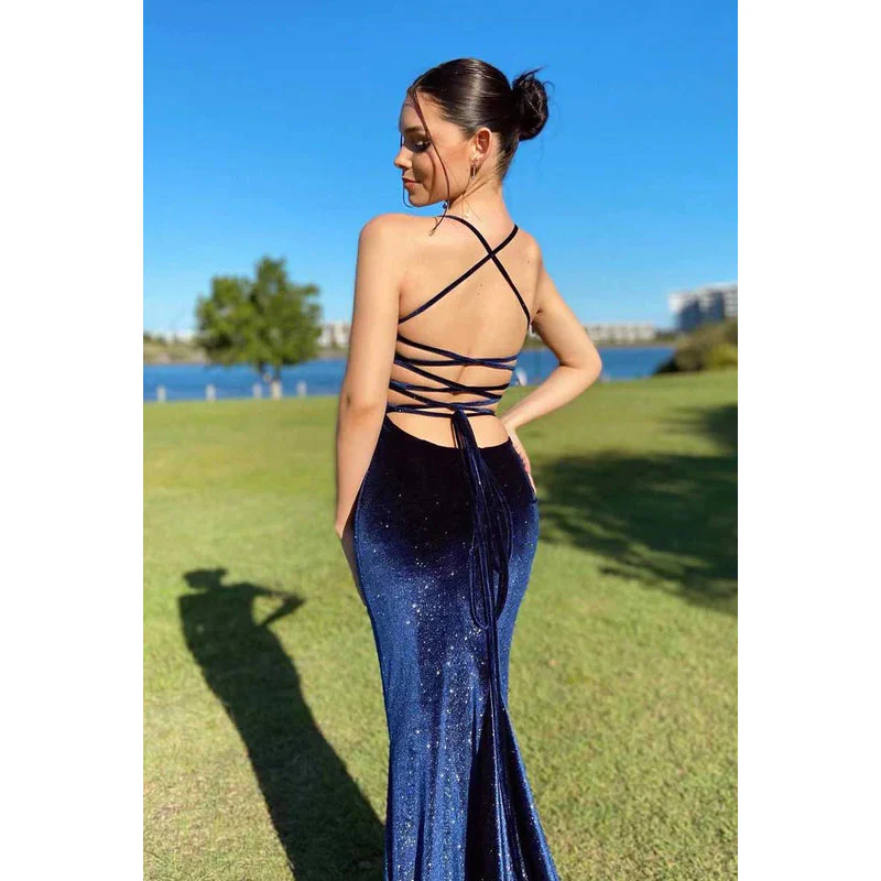 Vintage Navy Blue Velvet Prom Dress Sexy Mermaid Party Evening Gown - View 3 | FashionDia