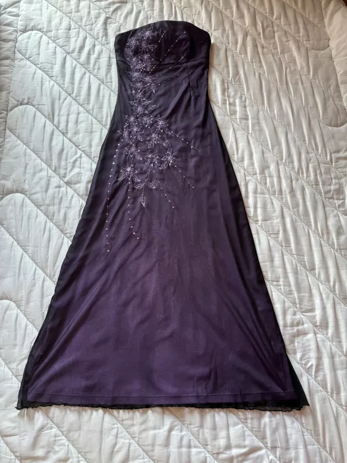 Vintage Strapless Purple Chiffon Satin Beaded Long Birthday Prom Dress Evening Gown - View 8 | FashionDia