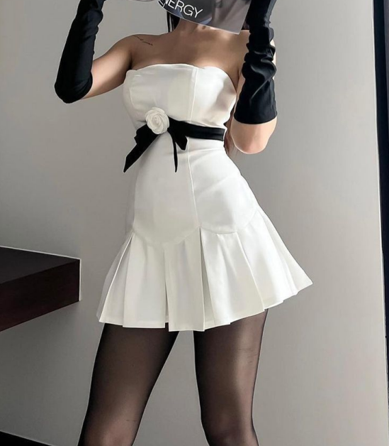 Fashion Strapless White Satin Pleated Short Party Dress Formal Homecoming Dress Birthday Outfits