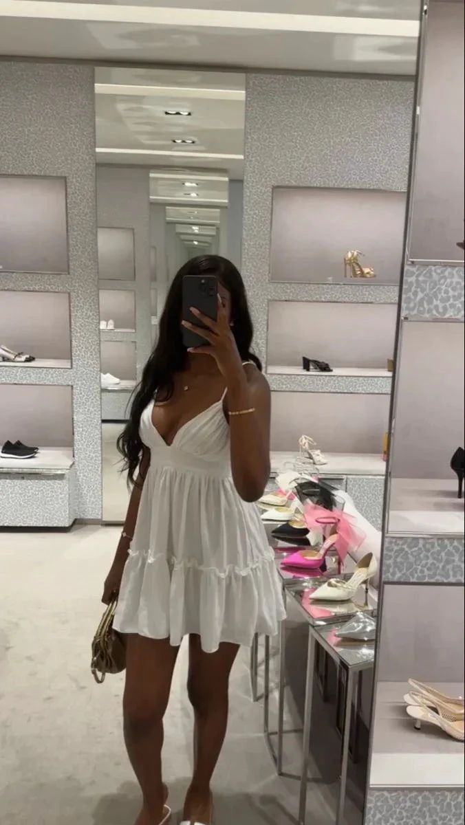 White Spaghetti Straps V Neck Homecoming Dress (ZD11865)
