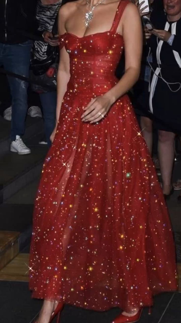 Sparkly Red Tulle A Line Evening Dress Pretty Prom Party Dress