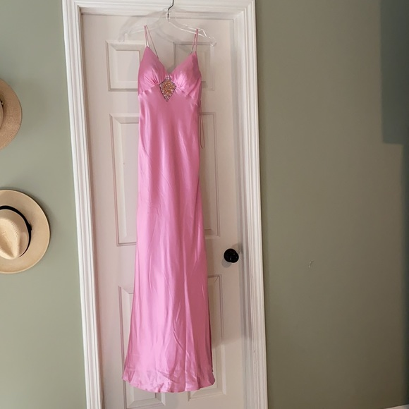 Gorgeous Pink Spaghetti Straps Satin Beaded Evening Dress Long Prom Dress Y8216 - View 4 | VelvetHem