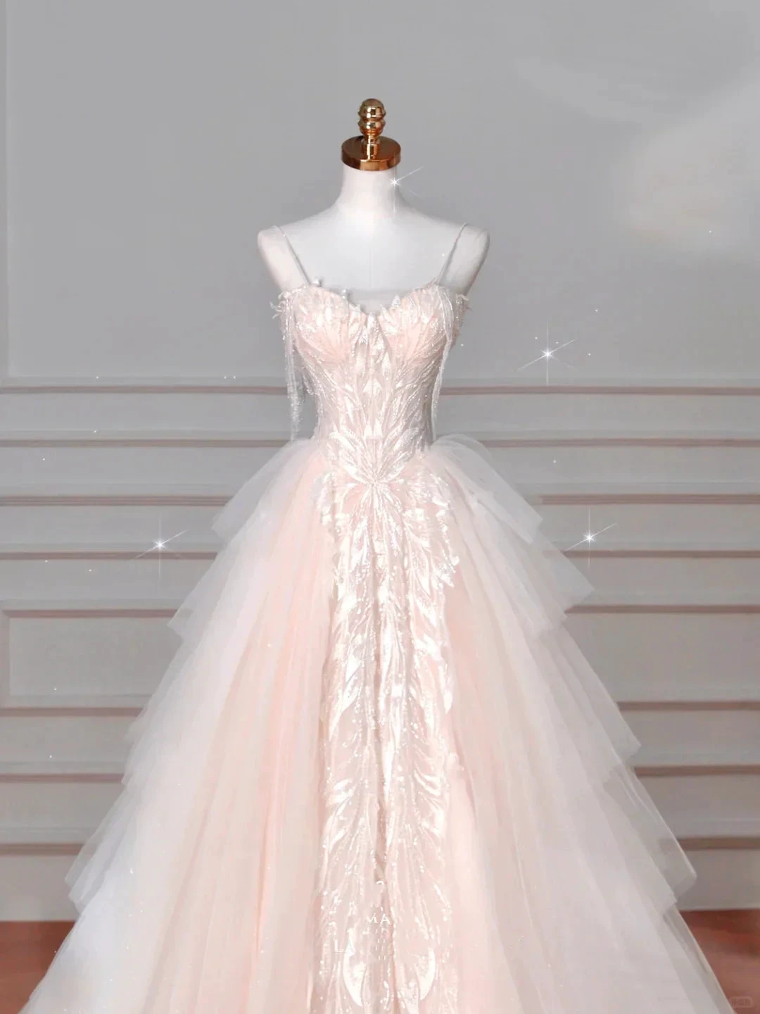 Classy Light Pink Tulle ALine Wedding Dress,Formal Prom Evening Dress (ZD13758)
