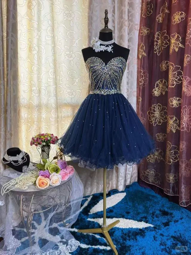 Sparkly Sweetheart Neck Blue Tulle Beaded A-Line Short Prom Dress Formal Homecoming Dress - View 2 | FashionDia