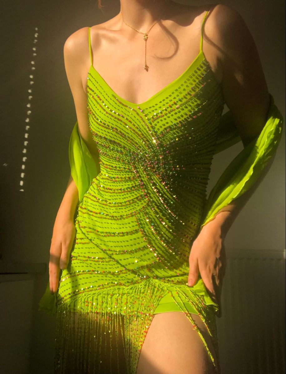Gorgeous Spaghetti Straps Lemon Green Chiffon Beaded Bodycon Cocktail Dress Formal Homecoming Dress Birthday Outfits