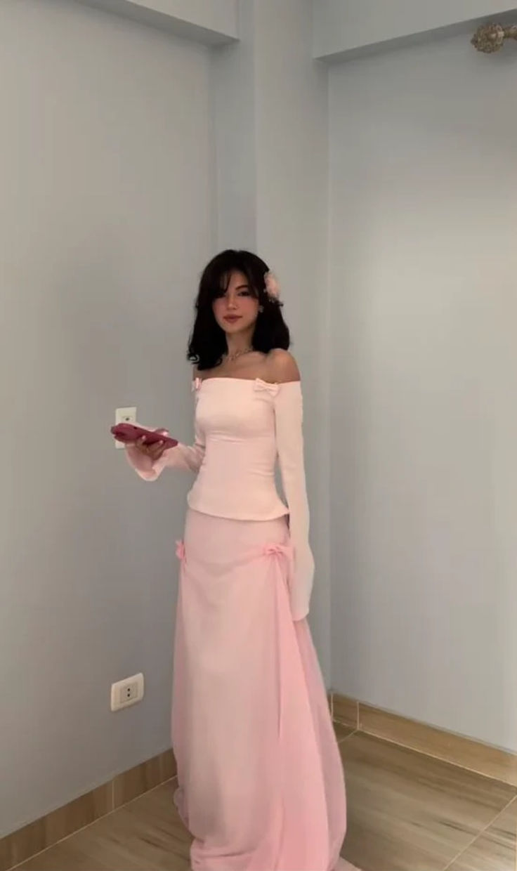 Sweet Two Piece Off-the-Shoulder Pink Satin Chiffon Mermaid Prom Dress Formal Party Dress - View 4 | FashionDia